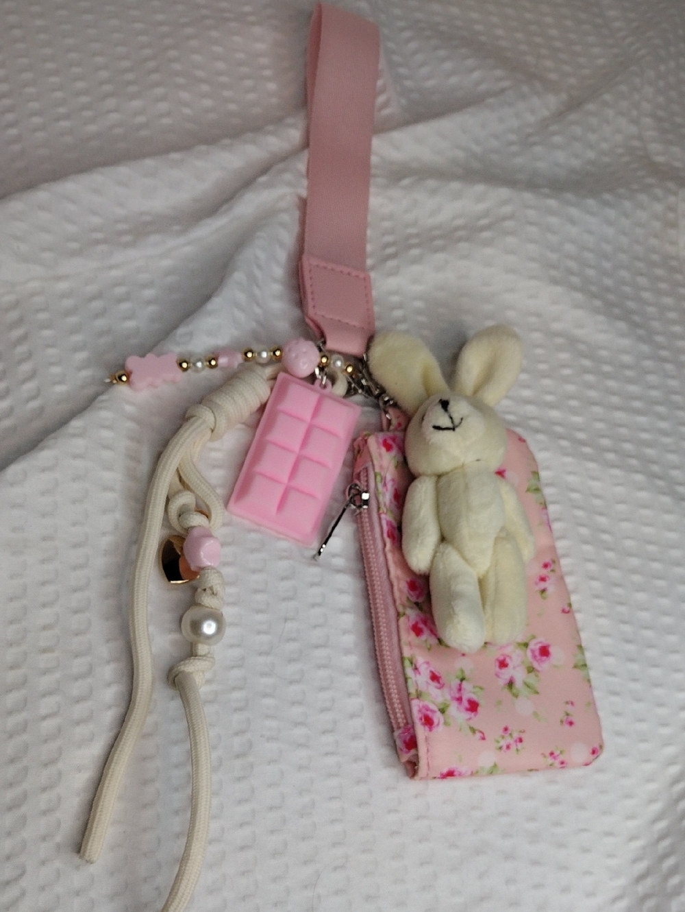 Pink Floral Bunny Wristlet Keychain Pouch